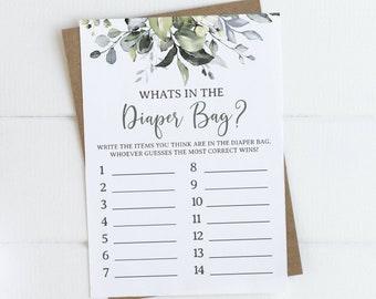 Greenery Whats In The Diaper Bag Game, Baby Shower Decoration, Printable Baby Shower Game 11GN