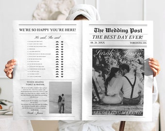 Large Wedding Newspaper Program, Vintage Newspaper Template With Photo, Foldable Wedding Newspaper, Editable Canva Template,The Wedding Post