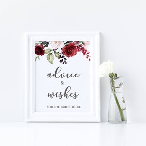 Advice and Wishes For The Bride To Be Sign, Burgundy Floral Bridal Shower Sign, wedding decorations 12G image 2