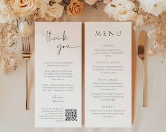 Wedding Thank You Place Card With QR Code, Minimalist Menu And Thank You Napkin Note, Reception Place Setting, Printable Card, DIY - SPM1