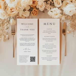 May include: Two white cards with black text. The left card says "Welcome and Thank You" with a QR code. The right card says "Menu" and lists the starter, second course, main course, and dessert.