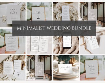 May include: A minimalist wedding stationery bundle with various printable templates, including save the date cards, table numbers, thank you cards, and a custom sign. The designs feature a simple, modern aesthetic with black text on white backgrounds.