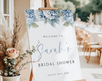 Blue Hydrangea Bridal Shower Welcome Sign, Dusty Blue Bridal Shower Welcome Poster, Editable Floral  Sign, Something Blue Printable Poster