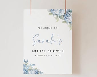 Blue Hydrangea Bridal Shower Welcome Sign, Dusty Blue Bridal Shower Welcome Poster, Editable Floral  Sign, Something Blue Printable Poster