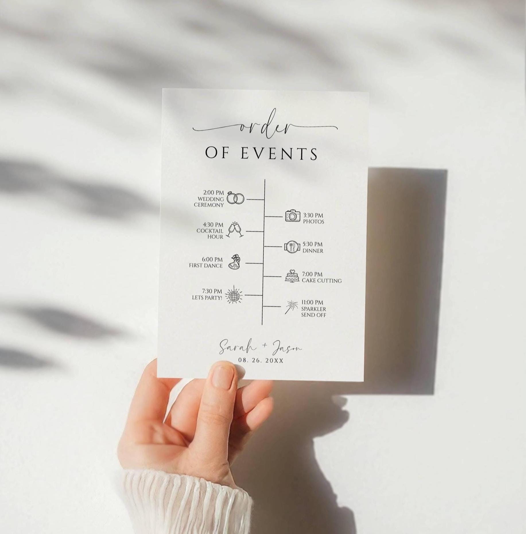 Wedding Timeline Template With Icons, Minimalist Order Of Events, Wedding Weekend Itinerary, Hotel Welcome Bag Note, Schedule Of Events-SPM3