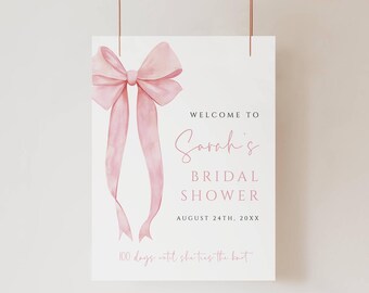 Shes Tying The Knot Bridal Shower Welcome Sign Template, Pink Bow Welcome Poster, Editable Blush Ribbon Bridal Shower Sign, Coquette Bow
