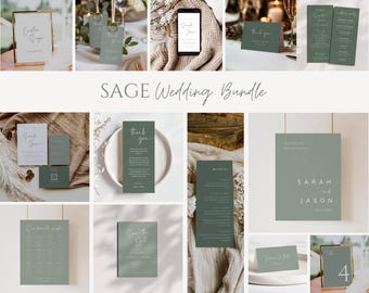 Sage Green Wedding Bundle, Modern Wedding Reception Set, Minimalist Editable Stationary Templates, Printable Wedding Suite, Invite Set -SPS1