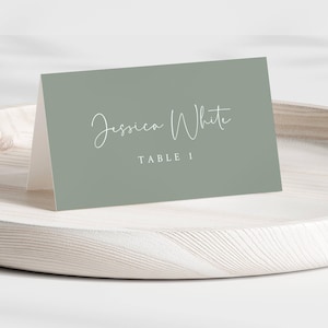 Modelo de cartões de lugar de casamento verde-sálvia, cartão de nome minimalista editável, cartões de assento de casamento para impressão, cartão de nome de mesa de casamento - SPS1
