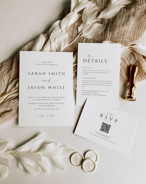 Minimalist Wedding Invitation Suite with QR Code, Elegant Wedding Set Template, Modern Wedding Invite Set, Editable Stationary Bundle- SPM3