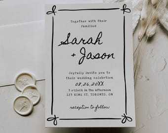 Plantilla de invitación de boda dibujada a mano, invitación de boda divertida, tarjeta de boda con lazo coqueto, plantilla editable divertida, invitación imprimible - SPHD1