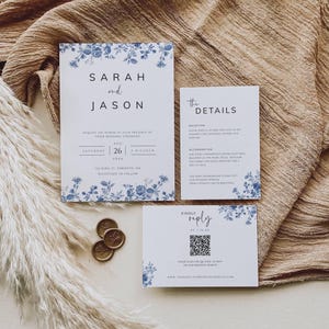 Conjunto de invitaciones de boda en azul toile con código QR, plantilla de invitación de boda con flores azules, set imprimible de boda en azul empolvado, set de papelería - SPB1