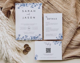 Puede incluir: Conjunto de invitaciones de boda con diseños florales azules. La tarjeta de invitación presenta los nombres "Sarah y Jason" junto con la fecha y la hora de la ceremonia de boda. La tarjeta de detalles incluye información sobre la recepción, el alojamiento y los detalles de la respuesta. La tarjeta RSVP incluye un código QR para que los invitados puedan responder.