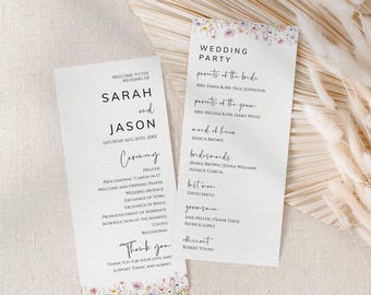 May include: Wedding ceremony program with floral accents. The program lists the order of events, including the prelude, processional, and recessional. It also includes the names of the wedding party members, such as the maid of honor, bridesmaids, best man, and groomsmen.