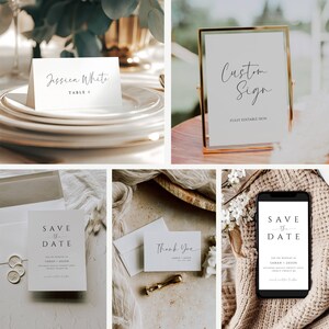 May include: A set of wedding stationery featuring a save the date card, a thank you card, a place card, and a sign with the text "Custom Sign, Fully Editable Sign". The cards are white with black text and the sign is white with black text in a gold frame.