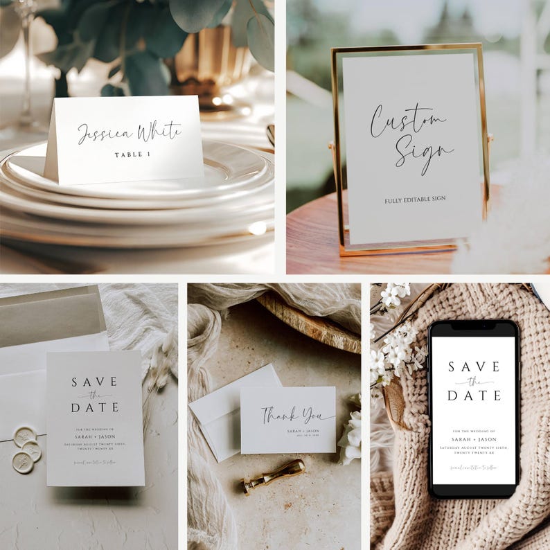 May include: A set of wedding stationery featuring a save the date card, a thank you card, a place card, and a sign with the text "Custom Sign, Fully Editable Sign". The cards are white with black text and the sign is white with black text in a gold frame.