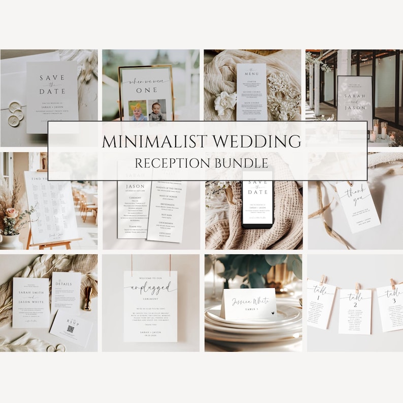 May include: A collection of minimalist wedding reception stationery, including save-the-date cards, menus, table cards, and signage. The designs feature a clean, modern aesthetic with elegant typography and neutral color palettes.