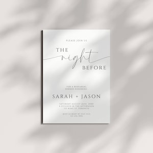May include: A white invitation card with the text "The Night Before" in elegant script. The card includes details for a rehearsal dinner, with names, date, time, and location. The card is set against a soft, neutral background.