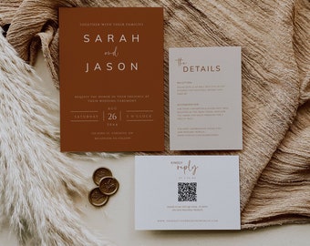 Terracotta Wedding Stationary Suite with QR Code, Burnt Orange Wedding Invitation Template, Printable Set, Fall Wedding Invite, DIY - SPT1