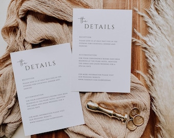 Peut inclure: Deux cartes blanches avec le texte "the DETAILS" en écriture cursive noire. Les cartes fournissent des informations sur une réception de mariage et des détails d'hébergement. Le texte sur les cartes se lit comme suit : "Réception : Veuillez nous rejoindre à cinq heures et demie du soir pour des cocktails, un dîner et des danses. Hébergement : Pour votre commodité, des chambres ont été réservées à l'hôtel Pearl. Mentionnez le mariage de Sarah et Jason pour un tarif spécial. Pour plus d'informations, veuillez visiter notre site Web de mariage : www.theknot.com/ourwedding"