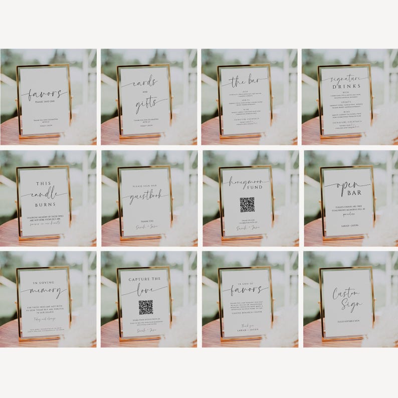 May include: A collection of gold-framed signs with various text, including "favors," "cards & gifts," "the bar," and "signature drinks." The signs are on a wooden surface, ideal for weddings or events.