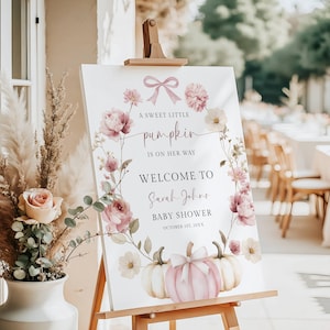 Little Pumpkin Baby Shower Welcome Sign, Pink Pumpkin Girl Baby Shower, Boho Editable Template, Coquette Bow, Dusty Pink Florals - PP01