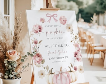 Little Pumpkin Baby Shower Welcome Sign, Pink Pumpkin Girl Baby Shower, Boho Editable Template, Coquette Bow, Dusty Pink Florals - PP01
