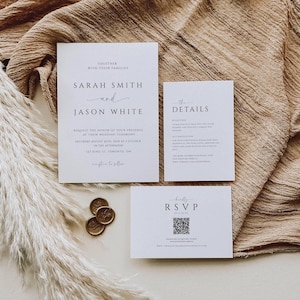 Minimalistyczny zestaw zaproszeń ślubnych z kodem QR, elegancki czarno-biały zestaw ślubny, nowoczesny pakiet ślubny, prosty zestaw papeterii – SPM3