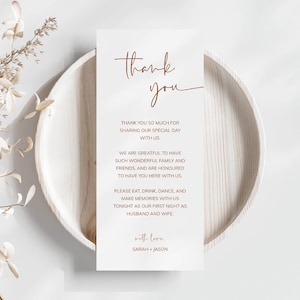 Servilleta de agradecimiento minimalista, plantilla de agradecimiento para mesa bohemia moderna, decoración de mesa para recepción de boda, tarjeta de agradecimiento imprimible, bricolaje -SPT1