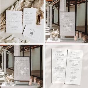 May include: A collection of elegant wedding stationery, including invitations, details cards, RSVP cards, and seating charts. The designs feature minimalist text and a clean, modern aesthetic. The color palette is primarily white and black.