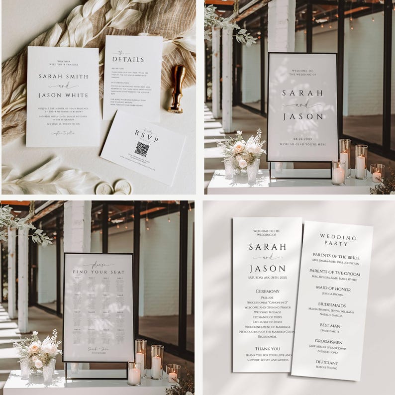 May include: A collection of elegant wedding stationery, including invitations, details cards, RSVP cards, and seating charts. The designs feature minimalist text and a clean, modern aesthetic. The color palette is primarily white and black.