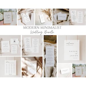 May include: A set of printable wedding stationery templates in a modern minimalist style. The templates include a welcome sign, save the date card, wedding details card, menu, table number card, and place cards. The templates are designed in a neutral colour palette with black text on a white background.