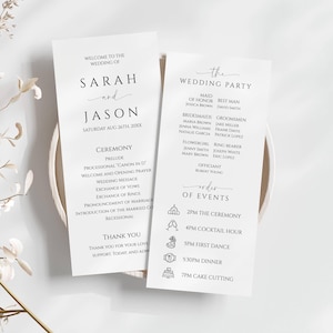 May include: Wedding ceremony program with the names Sarah and Jason, the wedding party, and the order of events. The program is printed on white cardstock with black text.