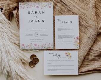 Wildflower Wedding Invitation Suite, Modern Floral Wedding Invite, Printable Invitation Set, Editable Template, RSVP, Details Card - LAURA