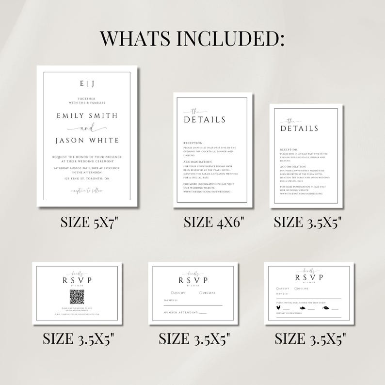 Puede incluir: Un conjunto de papeler&iacute;a de boda blanca con texto negro. El conjunto incluye una invitaci&oacute;n, tarjetas de detalles y tarjetas RSVP en varios tama&ntilde;os, incluyendo 12,7x17,8 cm, 10,2x15,2 cm y 8,9x12,7 cm. El texto incluye los nombres Emily Smith y Jason White.