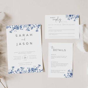 Floral Dusty Blue Minimalist Wedding Invitation Suite, Blue Floral Wedding Invite Template, Dusty Blue Printable Set- SPB1