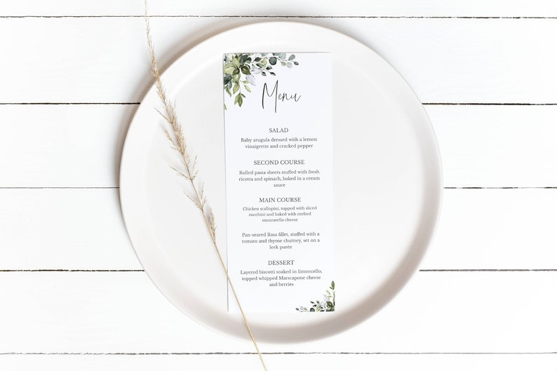 Greenery Menu Template, Eucalyptus Menu Card, Bridal Shower, Wedding Menu, Editable Template, Instant Download, DIY Amelia image 1