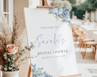 Blue Hydrangea Bridal Shower Welcome Sign, Dusty Blue Bridal Shower Welcome Poster, Editable Floral  Sign, Something Blue Printable Poster
