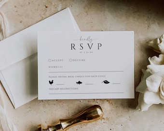 Tarjeta RSVP minimalista con opciones de menú, elegante icono de comida para tarjeta de respuesta de boda, RSVP editable con opciones de comida, formulario de respuesta simple - SPM3