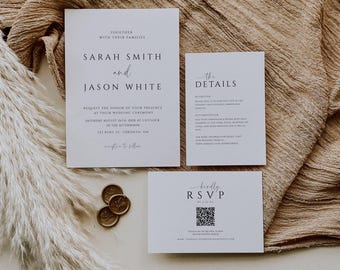 Conjunto de invitaciones de boda minimalistas con código QR, elegante conjunto de bodas en blanco y negro, paquete de bodas moderno, conjunto de papelería simple - SPM3