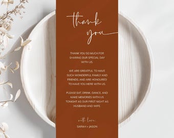 Terracotta Thank You Napkin Note, Modern Table Thank You Template, Rust Orange Wedding Reception Place Setting, Printable Card - SPT1
