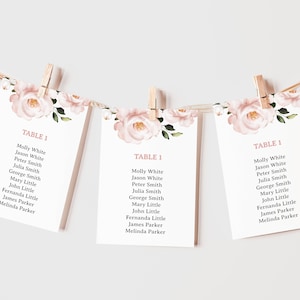 Kaartsjabloon zitplaatsen, blozen babyshower, stoelentabel, roze bloemensjabloon, blozen decor - Anna