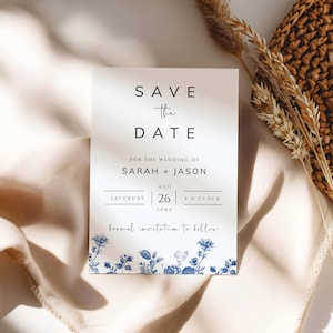 Blau Toile Save The Date Vorlage, Hochzeitseinladung Hochzeitskarte, Blumen Hochzeitskarte, druckbare Einladungskarte, DIY - SPB1