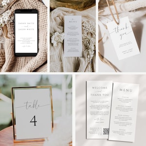 May include: A collection of wedding stationery items, including a smartphone displaying an invitation, a menu card, a thank you tag, a table number card, and welcome cards. The designs feature elegant typography and a minimalist aesthetic.