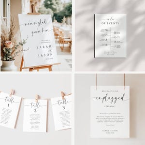 May include: A collection of wedding signage, including a welcome sign on an easel, an order of events, table assignments, and an unplugged ceremony sign. All signs feature elegant calligraphy and minimalist design.