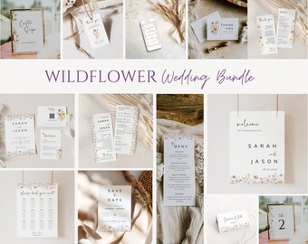 Wildflower Wedding Bundle, Modern Floral Wedding Reception Bundle, Editable Stationary Templates, Printable Wedding Suite, Invite Set -LAURA