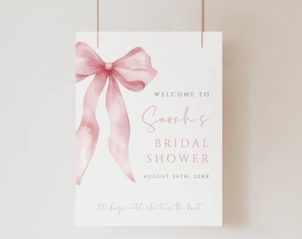 Shes Tying The Knot Bridal Shower Welcome Sign Template, Pink Bow Welcome Poster, Editable Blush Ribbon Bridal Shower Sign, Coquette Bow