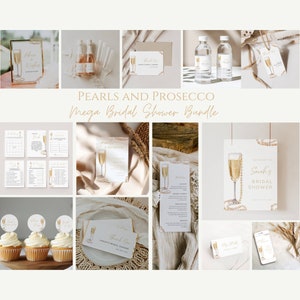 May include: A bridal shower party printable bundle with a champagne flute and pearls theme. The bundle includes a welcome sign, thank you cards, cupcake toppers, water bottle labels, and games. The design features a gold champagne flute with pearls and a gold script font.