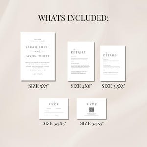 May include: A collection of white wedding stationery, including an invitation, details cards, and RSVP cards. The invitation is 5x7 inches, the details cards are 4x6 and 3.5x5 inches, and the RSVP cards are 3.5x5 inches. The text is in black.