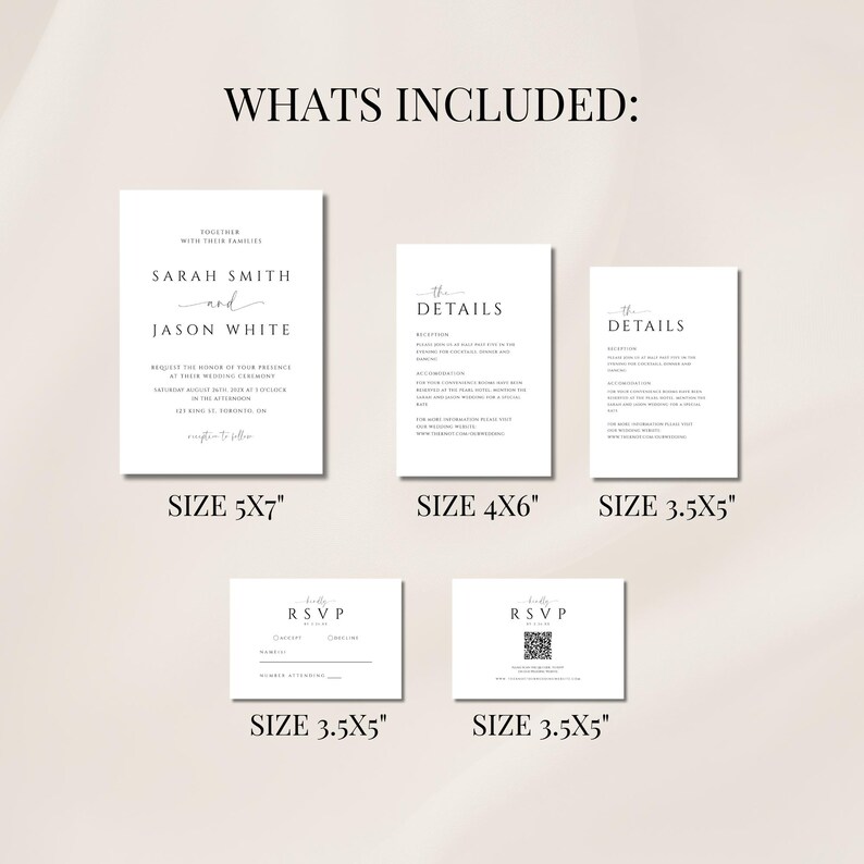 May include: A collection of white wedding stationery, including an invitation, details cards, and RSVP cards. The invitation is 5x7 inches, the details cards are 4x6 and 3.5x5 inches, and the RSVP cards are 3.5x5 inches. The text is in black.