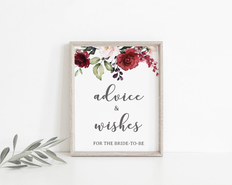 Advice and Wishes For The Bride To Be Sign, Burgundy Floral Bridal Shower Sign, wedding decorations 12G image 1